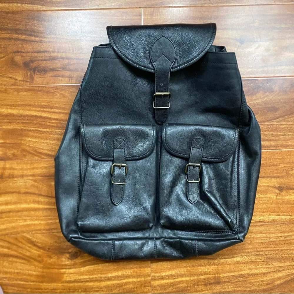 Vintage Women's Y2K Black Leather Multi Pocket Buckle Backpack Purse Streetwear